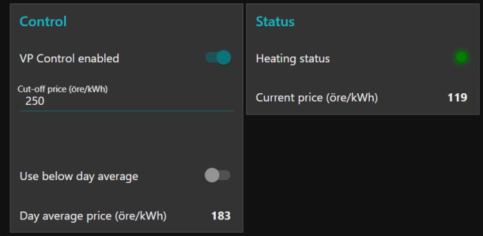 Gränssnitt för styrning av värmepumpspris med aktiverad VP-kontroll och val för dagens medelpris.