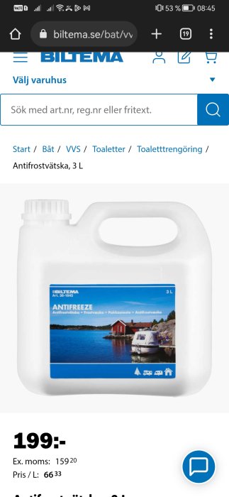 En flaska miljövänlig antifrostvätska från Biltema på 3 liter med bild av röda stugor och båt.