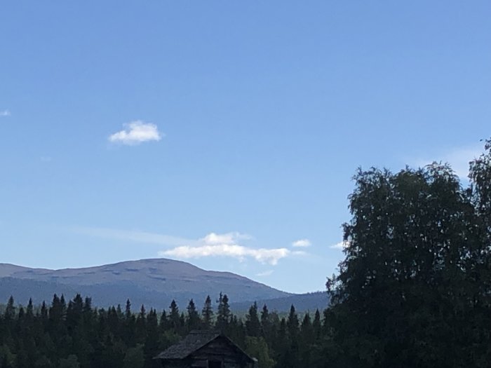 Vy över fjällandskap med blå himmel, några moln och en stuga omgiven av träd.