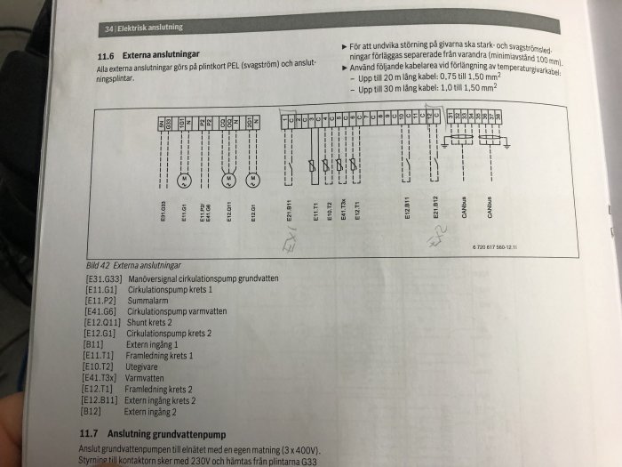 Schematisk bild av en bergvärmepumps extrena anslutningar och kablageinstruktioner.