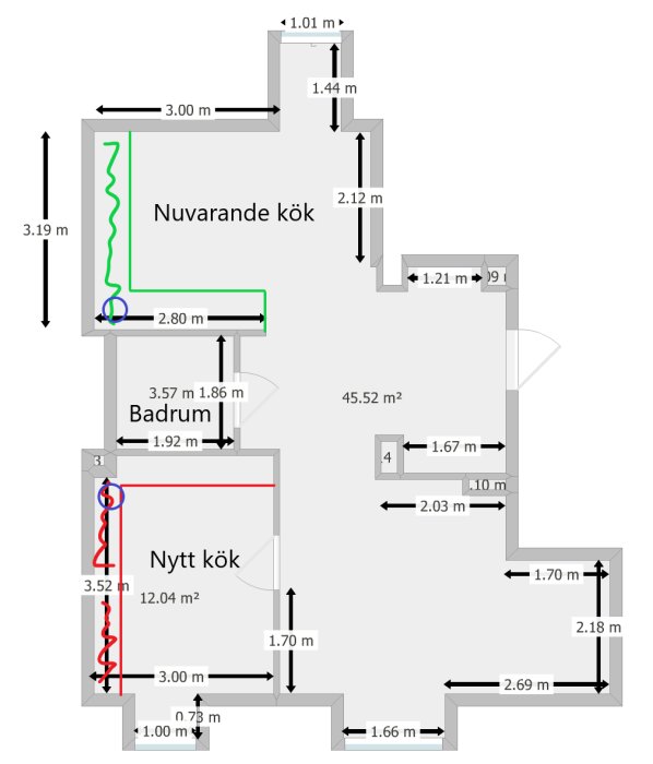 Ritning över lägenhet som visar nuvarande och framtida kök med mått och ytor angivna.