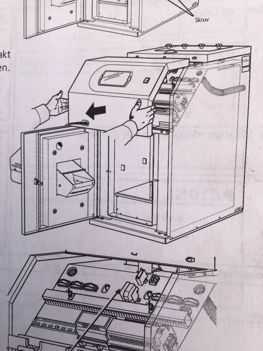 Illustration av Nibe Pellux 100 pannan öppen med synliga knaggar för rost och vedinsats.