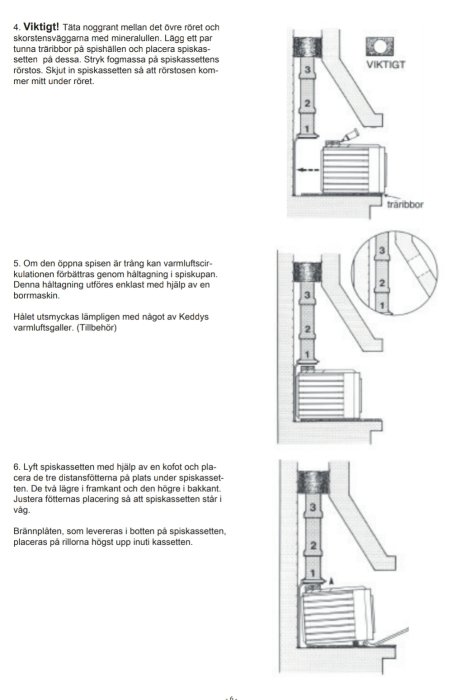 Instruktionsbilder för installation av spiskassett med numrerade komponenter och steg-för-steg-anvisningar.