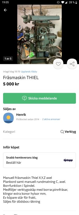 Manuell THIEL fräsmaskin med XYZ-axel och tillbehör i en verkstadsinställning.