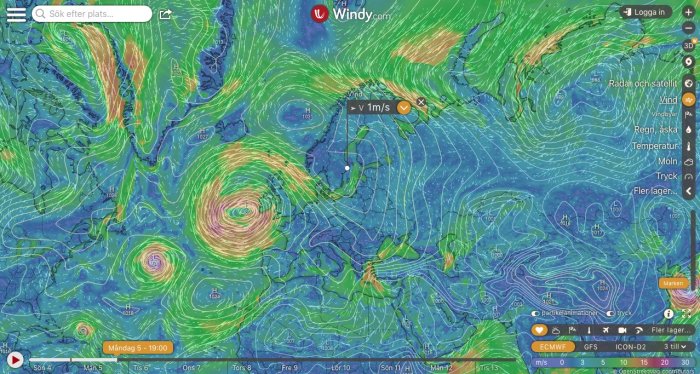 Karta som visar vindhastigheter över Europa med olika färger för styrka, blå nyanser under 5 m/s.