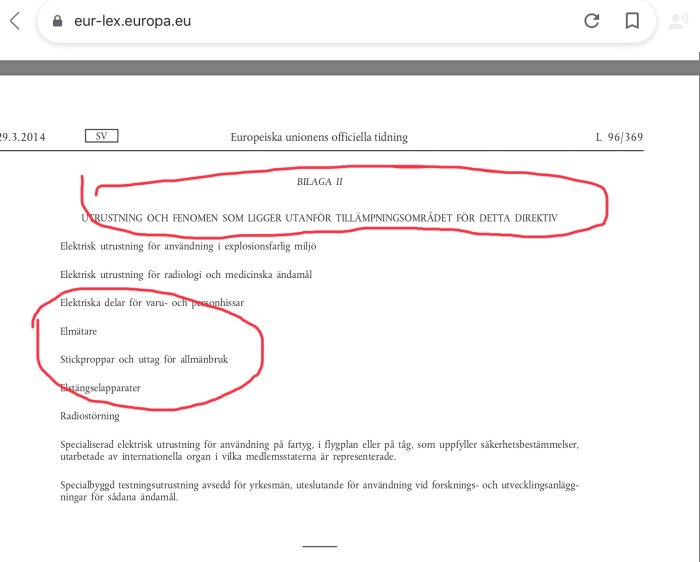 Skärmdump av EU-dokument med markerade sektioner om elektrisk utrustning undantagen från direktiv.