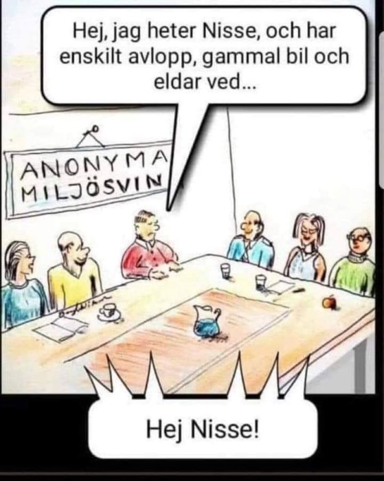 Tecknad bild av ett möte med textbubbla "Hej Nisse" och en skylt "ANONYMA MILJÖSVIN