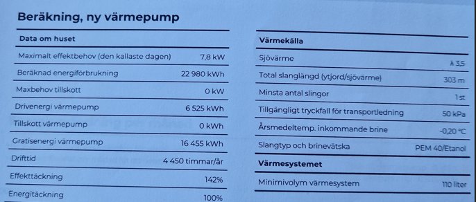 Beräkning av ny värmepump med data om huset och värmekälla, inklusive effektbehov och energiförbrukning.