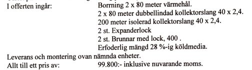 Skärmdump av foruminlägg med offertdetaljer för borrning och installation av värmesystem.