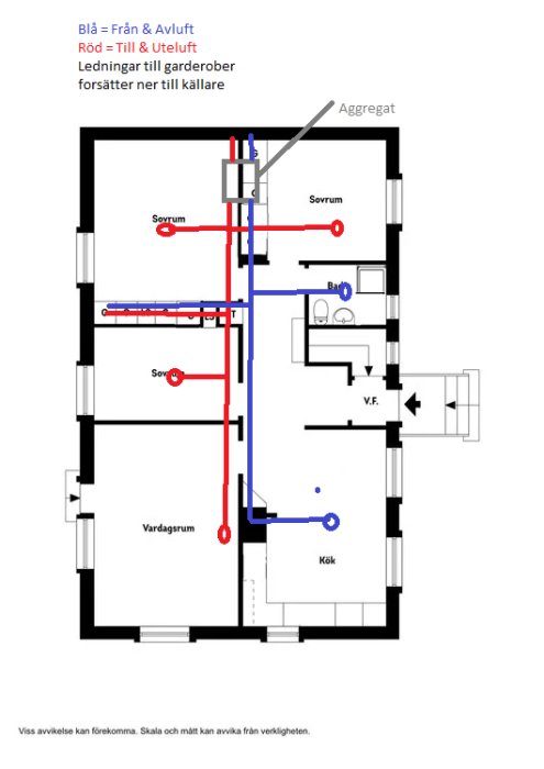 Ritning över en våningsplan med markerade ventilationssystem i rött för tilluft och i blått för frånluft.