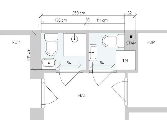 Ritning av badrumsplan med måttangivelser för toalett- och duschområden samt dörrar.