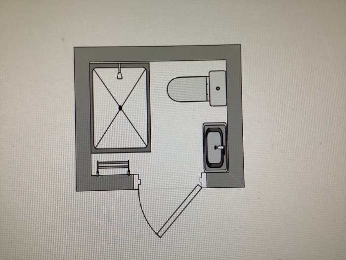 Ritning av badrumsplan med dusch 70x90 cm och handfat 25x50 cm.