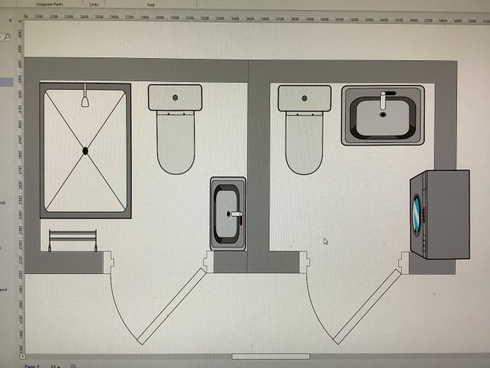 Ritning av två badrum med dusch, toalett och en 40cm djup tvättmaskin.