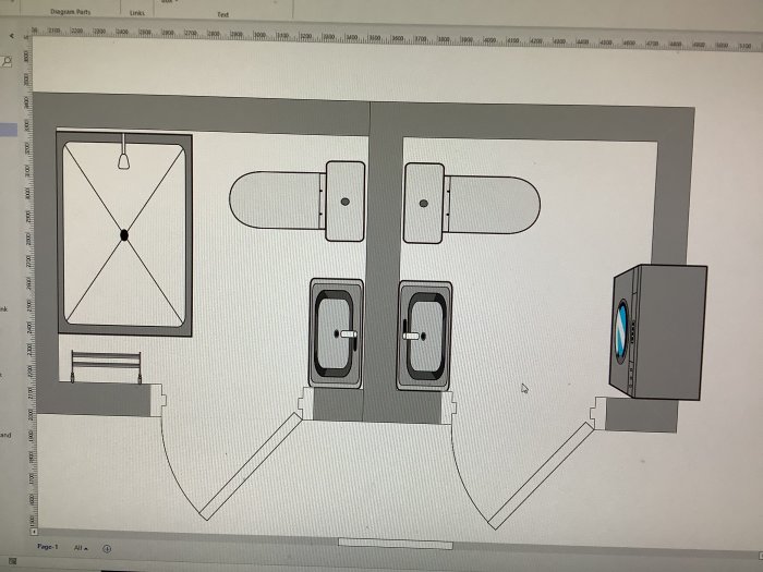 Ritning över två badrum med dusch, toalett och en markerad plats för en smal tvättmaskin.