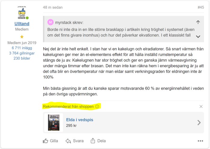 Skärmbild av forumtråd med diskussion om uppvärmning och en produktrekommendation för en bok om vedspisar.