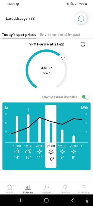 Graf som visar timvisa spotpriser för el med väderikoner och temperaturen för varje timme.