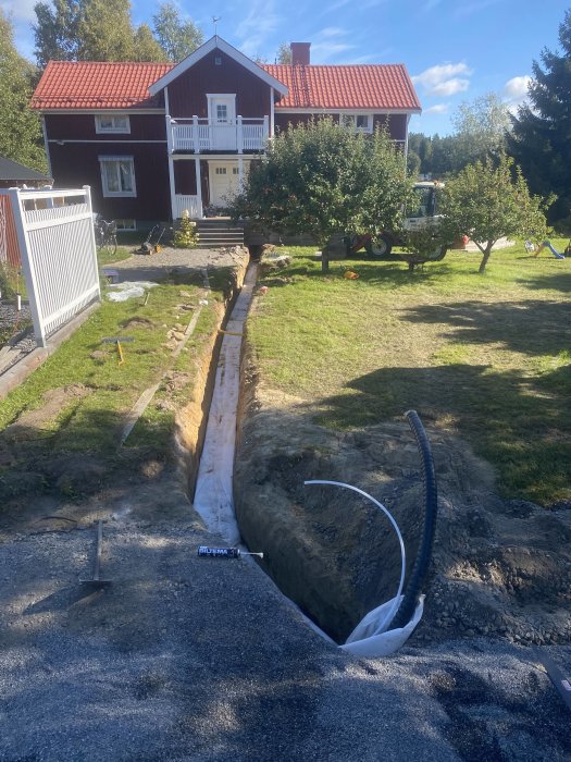 Grävd ränna framför hus med isoleringsarbete och förberedelse för rörinstallation.