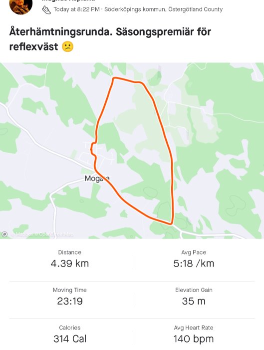 Skärmbild av löprunda på kartapp med spårade 4,39 km, tid och träningsdata.