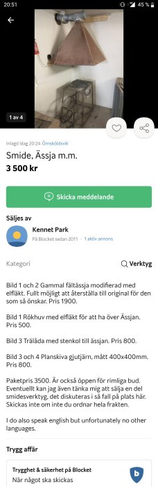 Gammal fältässja modifierad med elfläkt, möjlighet att återställa till original, i en verkstadsmiljö.