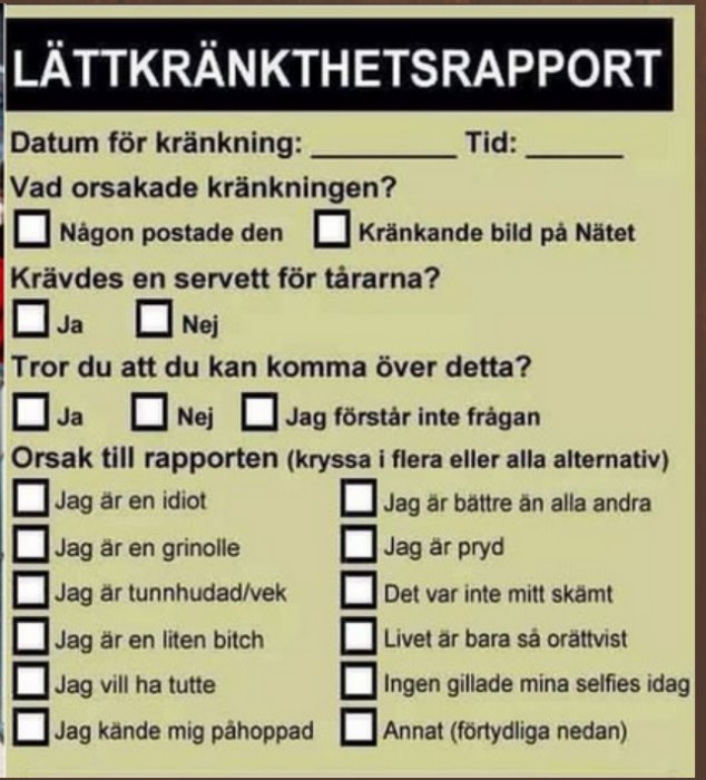 Skärmavbildning av ett satiriskt formulär med titeln "Lättkränkthetsrapport" med flervalsfrågor om orsaker till kränkning.