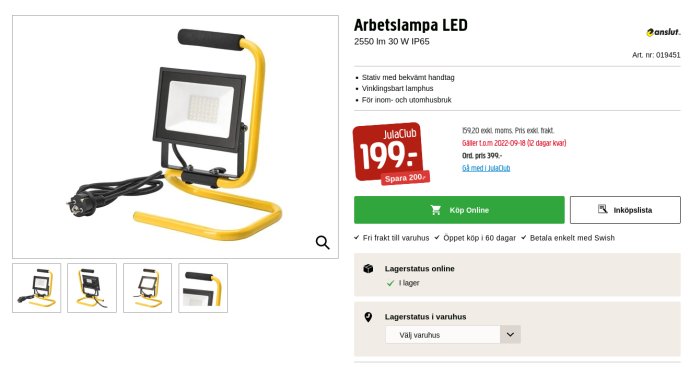 LED-arbetslampa på gult stativ med handtag och strömkabel från Jula.