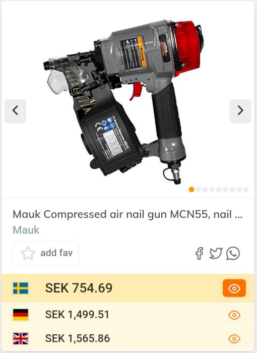 Spikpistol för tryckluft, Mauk MCN55, grå och röd, visande prisetjämförelse mellan Sverige, Tyskland och Storbritannien.