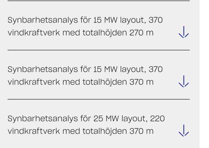 Skärmdump av text som listar synbarhetsanalyser för vindkraftverk med olika höjder och layouter.