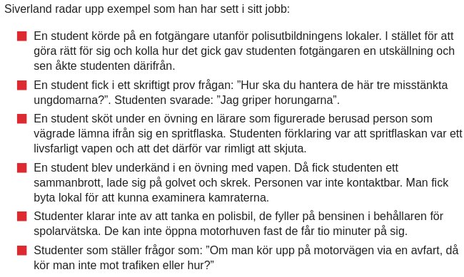 Skärmdump av en textlista med exempel på underliga händelser och felaktiga handlingar av studenter.