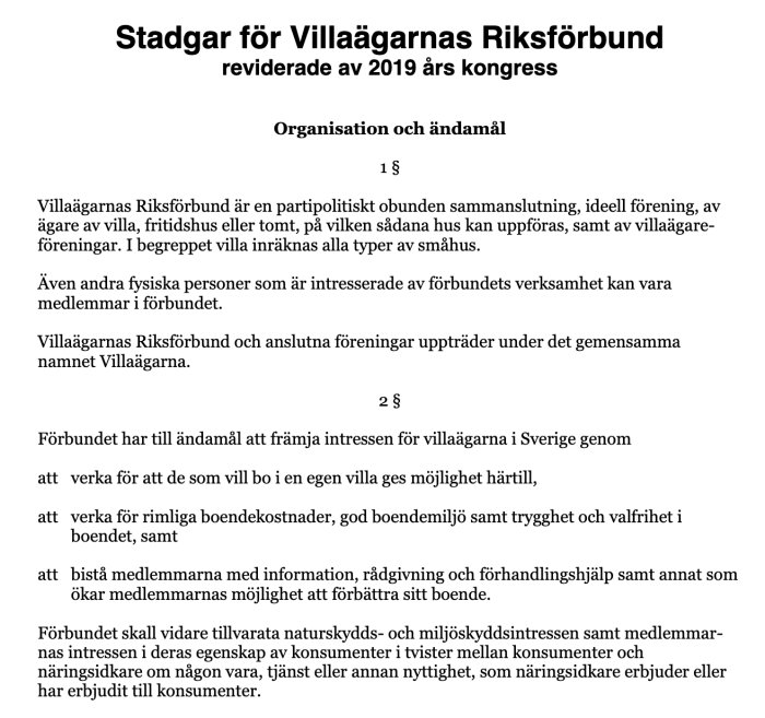 Dokument med rubriken "Stadgar för Villaägarnas Riksförbund" och text om dess organisation och syfte.