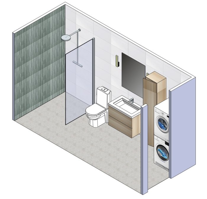 3D-visualisering av ett badrum med duschhörna, toalett, handfat och tvättpelare med utrymme ovanför.