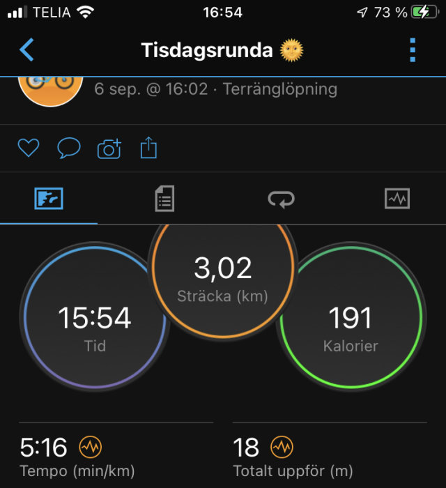 Skärmdump från träningsapp med statistik för terränglöpning: 3,02 km sträcka, 15:54 tid, 191 kalorier, 5:16 tempo, 18 m höjdstigning.