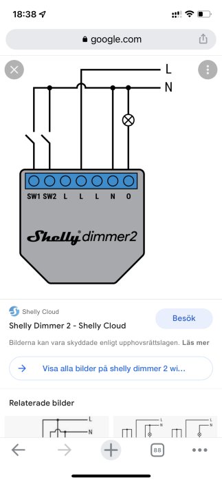 Skiss av Shelly Dimmer 2 kopplingsschema visar anslutningar för fas, neutral och tändtrådar.