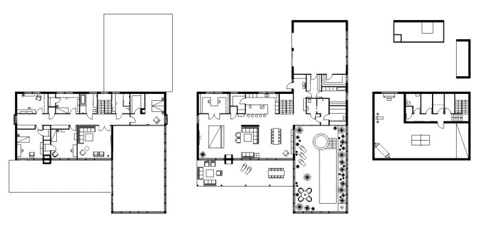 Arkitektritning av en villa med möbleringsplan och trädgårdsdesign.