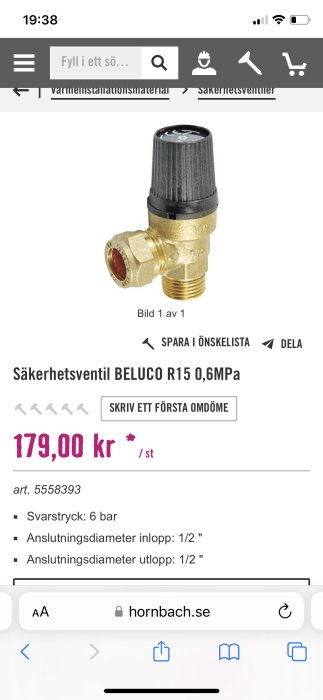 Säkerhetsventil i mässing mot vit bakgrund, modell BELUCO R15 0,6MPa displayad på skärm.