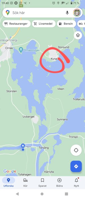 Skärmbild av en karta i en mobilapp med en inringad plats benämnd "Kyna".