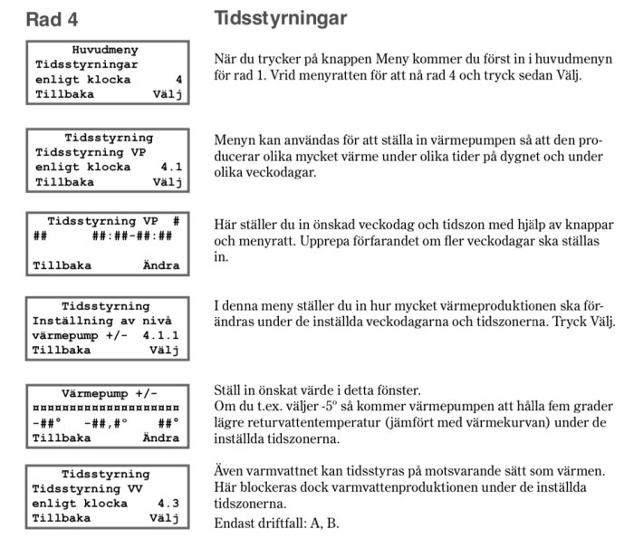 Skärmdump av en manual för tidsstyrningar av en värmepump, inklusive menynavigation och inställningsalternativ.