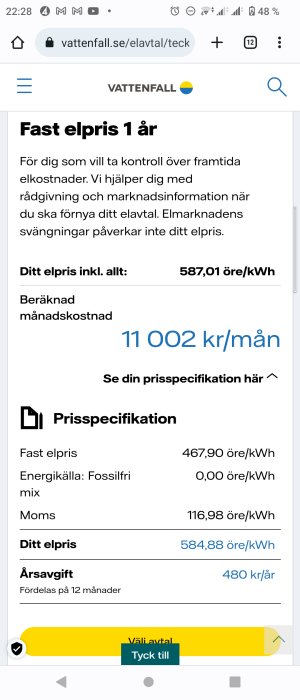 Skärmdump av Vattenfalls webbsida som visar fast elpris och beräknad månadskostnad för elavtal.