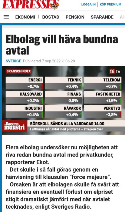 Skärmbild av nyhetsartikel med rubrik om elbolag och graf över branschindexförändringar.