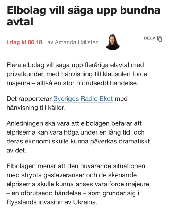 Skärmdump av en nyhetsartikel med rubriken "Elbolag vill säga upp bundna avtal".