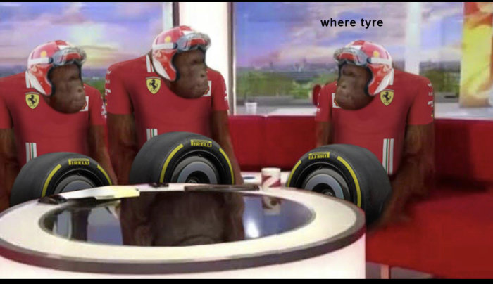 Fyra chimpanser iklädda Ferrari-racingdräkter och hjälmar vid ett bord med Pirelli-däck, humoristisk montagebild.