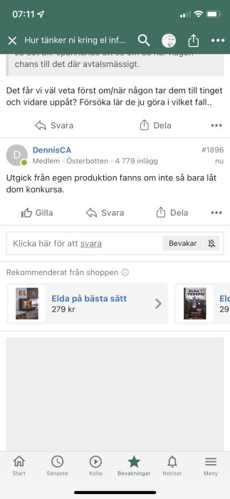 Skärmdump av diskussionsforum med användarinlägg och felaktig indikator för senaste post.