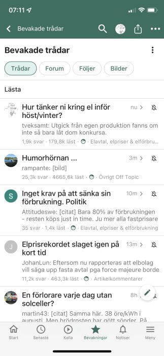 Skärmdump av ett diskussionsforums bevakade trådar med felaktigt användarnamn vid senaste inlägg.