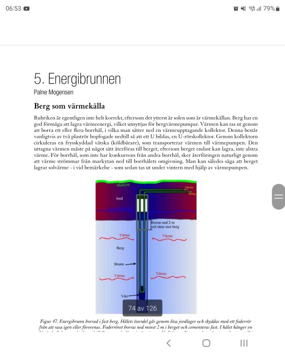 Schematisk illustration av en energibrunn för bergvärme med olika lager av jord och berg samt värmekrets.