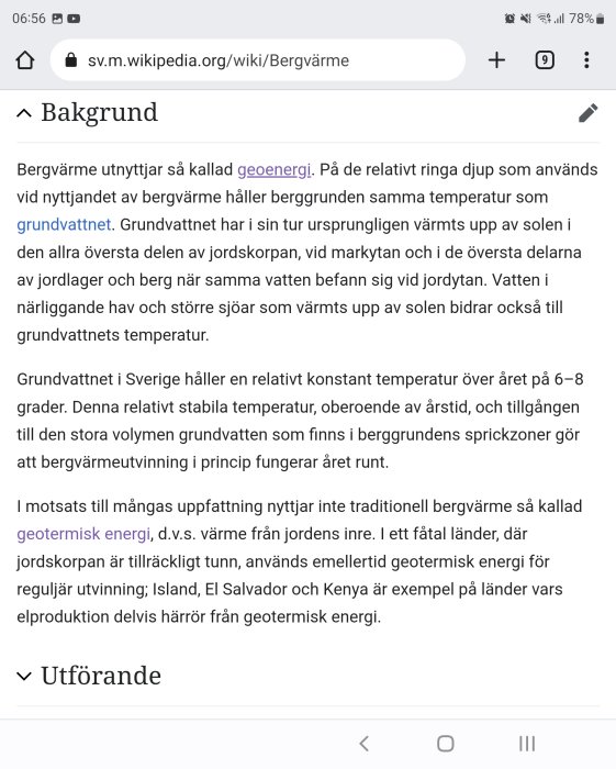 Skärmdump av Wikipedia-artikel om bergvärme med text om geoenergi och geotermisk energi.