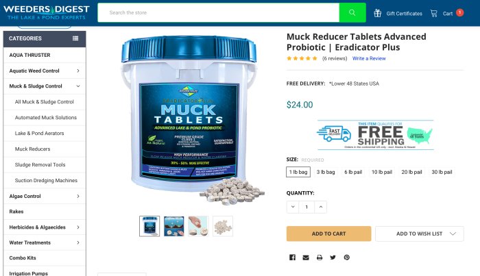 Skärmdump av Muck Tablets för sjö- och dammvård på en produktförsäljningssida med pris och fraktinformation.