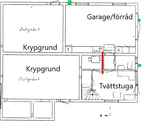 Ritning av ett hus med markerade krypgrunder, garage/förråd och tvättstuga.