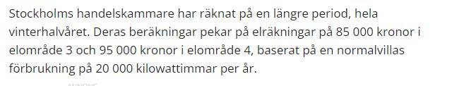 Text om beräkningar av elräkningar för en normalvilla baserat på kilowattimmar och elområden.