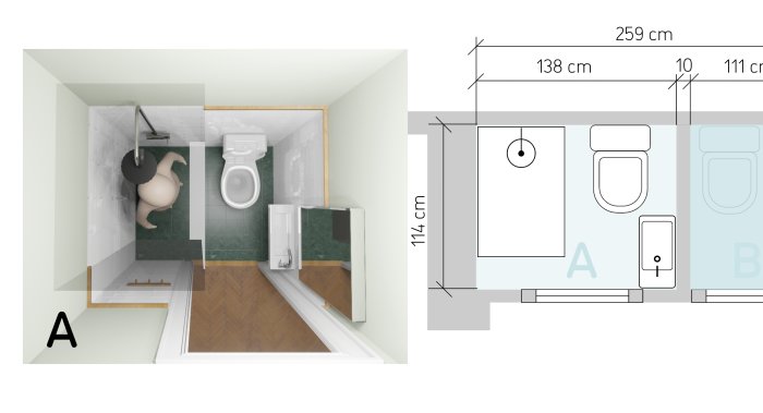 3D-modell och planritning av ett litet badrum med dusch, toalett och handfat.