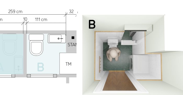 Ritning och 3D-modell av badrum med märkt dusch, WC och handfat samt humoristisk figur på toaletten.