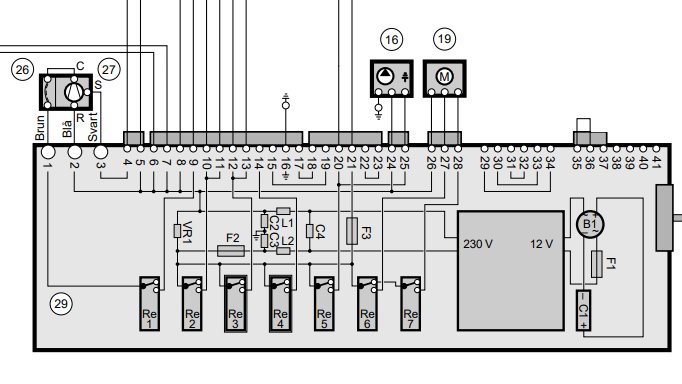 Schematisk diagram som visar kopplingar av en cirkulationspump och shuntmotor i ett värmesystem.